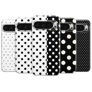 May include: A collection of five phone cases with a polka dot pattern. The cases alternate between black and white backgrounds with black or white polka dots. The cases have a clear camera cutout and a glossy finish.