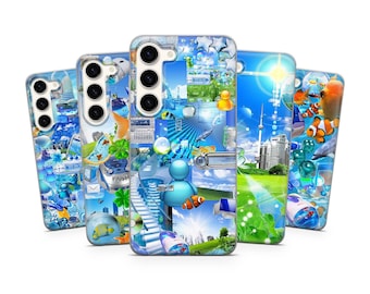 Capa para celular Blue Frutiger Aero, estampa Ocean Collage para iPhone 17e 16 Pro 15 14, Samsung S26 A57 A37, Pixel 10a, presente retrô tecnológico.