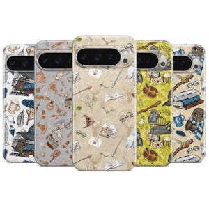 May include: A collection of phone cases with various patterns. Designs include illustrations of books, owls, wands, and other magical elements. The cases feature a variety of colors, including beige, gray, and yellow, with a glossy finish.