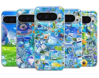 May include: Five blue phone cases with a collage of aquatic and digital imagery. The designs include fish, bubbles, dolphins, and computer-related graphics. The cases have a glossy finish and are arranged in a row.