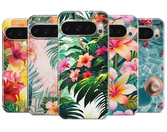 May include: A collection of five phone cases with vibrant floral designs. The cases feature colorful hibiscus, plumeria, and tropical foliage. The designs include a variety of colors, including pink, yellow, red, and green, creating a tropical theme.