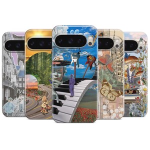 May include: Five phone cases with unique surrealist designs. Each case features a different artistic composition, including a cityscape, forest scene, piano keys, butterflies, and flowers. The cases are made of a glossy material.