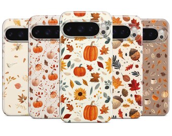 May include: A collection of five phone cases with autumn-themed designs. Each case features a different pattern of pumpkins, leaves, and other fall elements in shades of orange, brown, and cream. The cases are designed to fit a specific phone model.