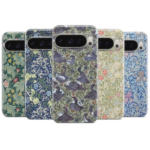 May include: A collection of five phone cases with floral and bird patterns. The cases feature designs in shades of green, blue, and cream. One case has a pattern of ducks, while others showcase intricate floral motifs.