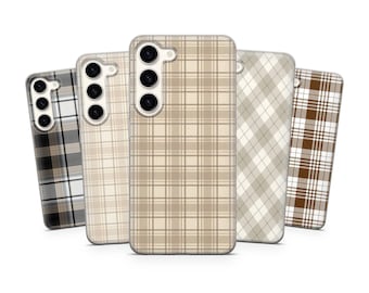 May include: A collection of five phone cases with plaid patterns in various neutral colors. The cases feature a camera cutout and a smooth finish. The plaid designs include tan, brown, and gray tones.