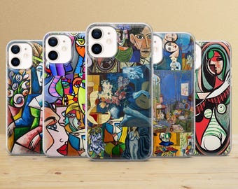 May include: A collection of five phone cases with colorful abstract art designs. Each case features a different artwork, showcasing a variety of shapes, lines, and vibrant colors. The cases are displayed on a light wooden surface.