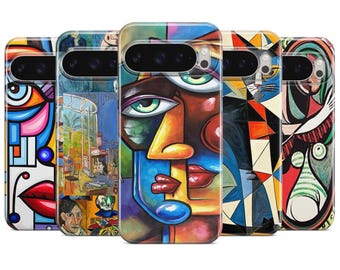 May include: A collection of phone cases featuring abstract art designs. The cases display colorful, geometric, and surrealist artwork, including faces and other artistic compositions. The cases are made of a clear, glossy material.