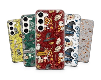 May include: A selection of phone cases with repeating patterns of wizarding school imagery. The cases feature owls, hats, scarves, and books. The cases are in shades of red, green, yellow, and grey.