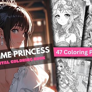 Anime Princess Coloring Book for Kids & Adults – 100 Fantasy Pages | Printable Black and White Line Art | Digital Download PDF