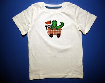 Baby one piece or toddler tshirt - Embroidery and appliqued gator in a wagon