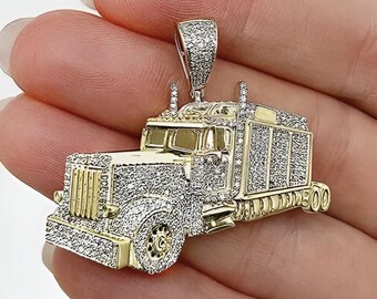 Diamond 3D Semi Truck Pendant, 14K Gold Plated Men's Charm