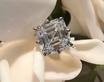 Anillo solitario de moissanita talla Asscher, anillo de compromiso de plata de ley