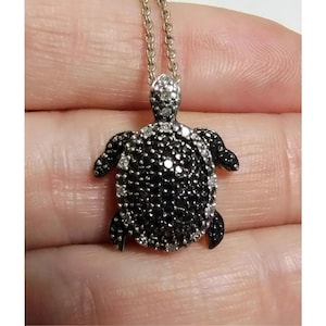 Sterling Silver Black Diamond Turtle Pendant Necklace, 14K White Gold Plated