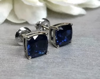 Cushion Cut Lab Created Blue Sapphire Diamond Stud Earring 14K White Gold Plated