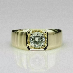 Solitaire Men&#39;s Engagement Ring, Round Moissanite Diamond Ring, 925 Sterling Silver, 14k Yellow Gold Plated, Anniversary Gift For Men&#39;s