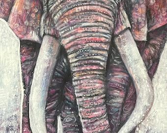 Pintura original de elefante en técnica mixta