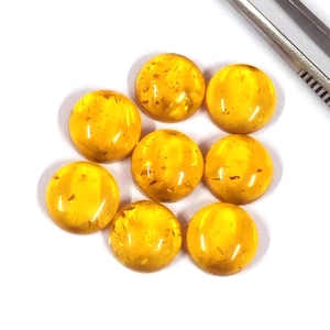 Puede incluir: Siete cabujones redondos, lisos y translúcidos de color amarillo con motas doradas internas dispuestos en grupo. Un par de pinzas de metal plateado está colocado en la esquina superior derecha del marco, parcialmente visible sobre el fondo blanco.