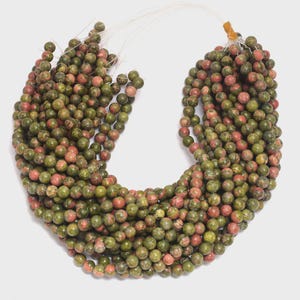 AAA Unakite Gemstone Beads: Natural Green Pink, Polished Round Strand