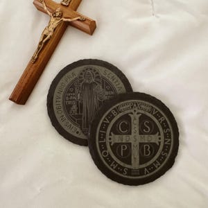 Saint Benedict Medal Slate Coasters | Catholic Home Decor | Monastic Gift | Engraved Drink Coasters