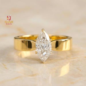 Marquise Brilliant Solitaire | Thick Flat Edge Diamond Ring | Wide Band Statement Ring | Solid 14K 18K Gold Stack | Modern Proposal Rings