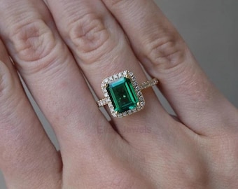 Emerald Halo Ring | Green Gemstone Engagement Ring | Lab Grown Diamond Ring | Solid 14K 18K Gold | Luxury Proposal Ring Gift