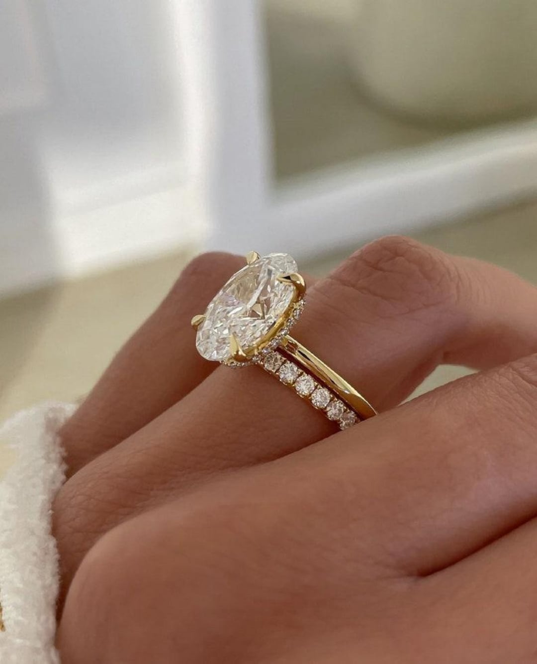 Oval Moissanite Engagement Ring Set | 14K Yellow Gold Bridal Set - Etsy