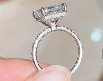 3CT Cushion Moissanite Engagement Ring | 14K White Gold Hidden Halo