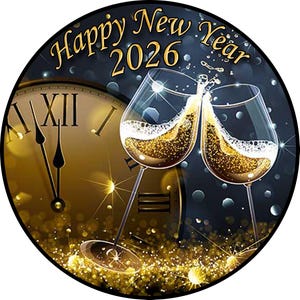 Può includere: Grafica circolare a tema Capodanno. Presenta due calici di champagne che si toccano, pieni di liquido frizzante, e un orologio che indica l'avvicinarsi della mezzanotte. Le parole "Happy New Year 2026" sono in oro.