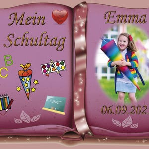 Könnte beinhalten: Ein personalisiertes Schul-Fotobuch mit dem Text "Mein 1. Schultag" und "Emma". Die linke Seite zeigt Illustrationen von Schulmaterialien. Die rechte Seite zeigt ein Mädchen, das eine bunte Schultüte hält. Das Datum "06.09.2025" ist ebenfalls sichtbar.