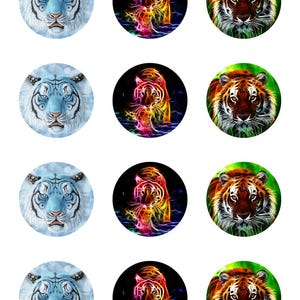 May include: Nine circular images with tiger designs. Three show a blue tiger face, three depict a neon tiger, and three display a realistic tiger face. All are set against a white background.