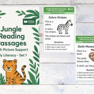 May include: Educational set featuring "Jungle Reading Passages" with picture support for early literacy. Includes a cover with a tiger illustration and cards about zebras and sloths, with questions for young readers.