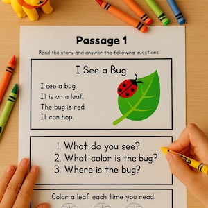 May include: A worksheet with the text "I See a Bug" and questions about the story. A red and black ladybug is on a green leaf illustration. Colourful crayons and a yellow lion figurine are also present.