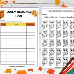 May include: Two printable reading logs. One is a daily reading log with space for name, date, book, and minutes read. The other is a reading tracker with owl illustrations. The text reads "Color 1 owl for every 20 minutes of reading this month."