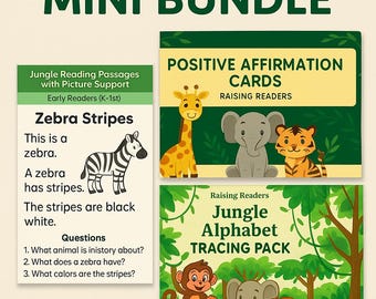 Jungle Literacy Starter BUNDLE, ABC Tracing PDF, Affirmation Cards, Reading Passages, Educational Tools, Homeschool Resource