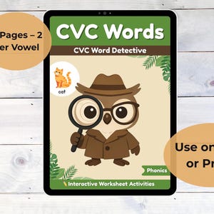 Puede incluir: Una hoja de trabajo digital para la práctica de palabras CVC. La portada presenta un búho detective con una lupa, el texto "CVC Words" y "CVC Word Detective". Incluye el texto "11 Pages - 2 Per Vowel" y "Use on iPad or Print!"
