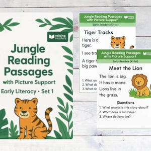 Könnte beinhalten: Ein Set "Dschungel-Lesepassagen" für frühe Leseerziehung, mit einer Tiger-Illustration. Enthält ein Buch und zwei Karten mit Text und Bildern eines Tigers und eines Löwen. Der Text enthält Fragen für junge Leser.