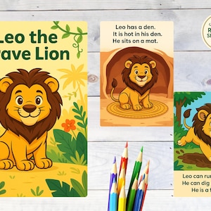 May include: A children's educational set featuring illustrations of a lion named Leo. The set includes three cards with colorful images and text. The text includes phrases like "Leo the Brave Lion" and "Leo can run and hop."