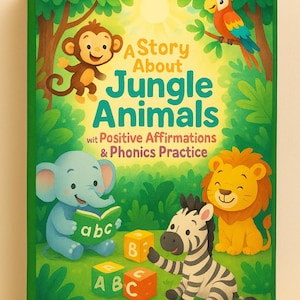 May include: A colourful children's book cover featuring jungle animals: a monkey, parrot, elephant, lion, and zebra. The title reads "A Story About Jungle Animals", with text about positive affirmations and phonics practice. The publisher is "Raising Readers".