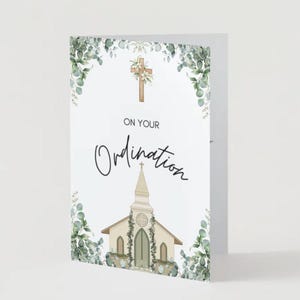 Tarjeta de Ordenación Imprimible - Diseño Floral Verde Salvia con Iglesia y Cruz / Versículo Bíblico / Regalo para el Clero Cristiano / Descarga Instantánea / Clero