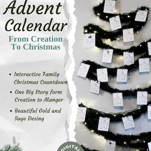 May include: An Advent calendar shaped like a Christmas tree, with star-shaped cards numbered 1-25 hanging from garland. The text reads "Advent Calendar From Creation To Christmas" and "Interactive Family Christmas Countdown".