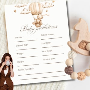 Ours Prédictions Baby Shower Jeu | Jeux sans distinction de sexe | Jeu de Baby Shower dans la Forêt | Cartes de prédiction de bébé Boho beige, douche en montgolfière