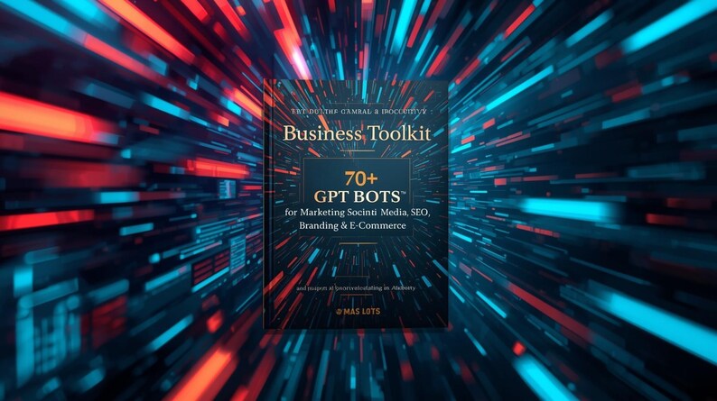 Op de afbeelding: Boekomslag voor een "Business Toolkit" met "70+ GPT BOTS" voor marketing, SEO, branding en e-commerce. De achtergrond heeft een dynamisch ontwerp van rode en blauwe lichtstrepen, wat technologie suggereert.