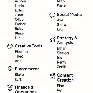 Op de afbeelding: Een witte afbeelding met verschillende categorie&euml;n voor zaken en marketing, waaronder e-commerce en sociale media, elk met namen. De tekst is in een duidelijke, schreefloze letter.