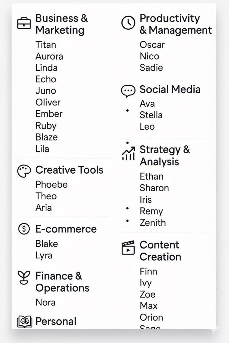 Op de afbeelding: Een witte afbeelding met verschillende zakelijke en marketingcategorie&euml;n, waaronder Business & Marketing, Productiviteit & Management, Social Media, Strategie & Analyse, Creative Tools, E-commerce, Financi&euml;n & Operaties en Persoonlijk. Namen worden vermeld.