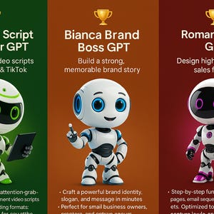 Op de afbeelding: Afbeelding met drie robotkarakters, elk met een uniek ontwerp en kleurenschema, tegen verschillende gekleurde achtergronden. Tekst boven elke robot beschrijft hun functie: videoscripts, merkverhaal en verkooptrechters. Elke robot houdt een gouden trofee vast.