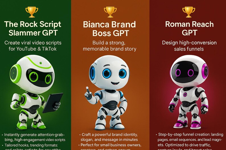 Op de afbeelding: Afbeelding met drie robotkarakters, elk met een uniek ontwerp en kleurenschema, tegen verschillende gekleurde achtergronden. Tekst boven elke robot beschrijft hun functie: videoscripts, merkverhaal en verkooptrechters. Elke robot houdt een gouden trofee vast.