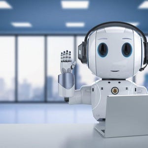 Op de afbeelding: Een witte robot met een headset en een laptop, die zijn rechterhand opheft als begroeting. De robot heeft grote, donkere ogen en een vriendelijke uitdrukking. De achtergrond is een vage kantooromgeving met grote ramen.
