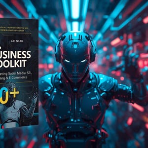 Op de afbeelding: Een boek getiteld "AI. BUSINESS TOOLKIT" met de tekst "For Marketing Social Media, SEL, Brambling & E-Commerce" en "70+". Het boek staat voor een futuristische robot met een blauw en zwart kleurenschema. De achtergrond heeft rode en blauwe neonlichten.