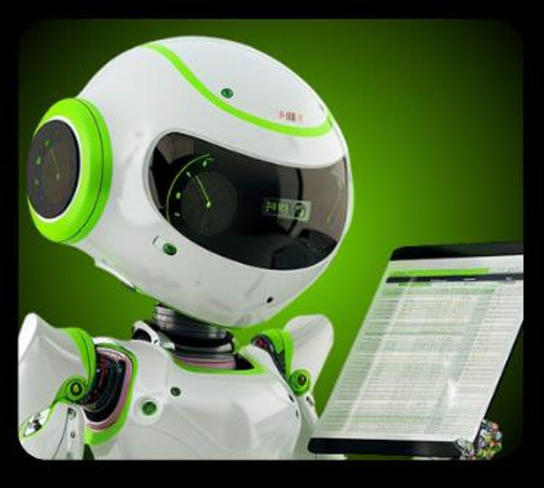 Op de afbeelding: Een witte robotkop met groene accenten en een zwart vizier, die een tablet vasthoudt met een lijst met gegevens. De robot heeft een strak, modern ontwerp met een groen-wit kleurenschema. De achtergrond is effen groen.