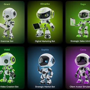 Op de afbeelding: Zes gestileerde robotkarakters met verschillende ontwerpen en functies. Elke robot heeft een uniek kleurenschema en is gelabeld met zijn functie, zoals "Grammar Bot" en "Digital Marketing Bot". De robots staan tegen een verloopachtergrond.